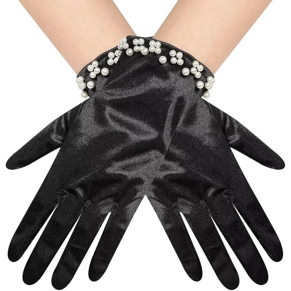 Women's Black Satin Pearl Short Length Wrist Gloves Wedding Banquet Party Prom